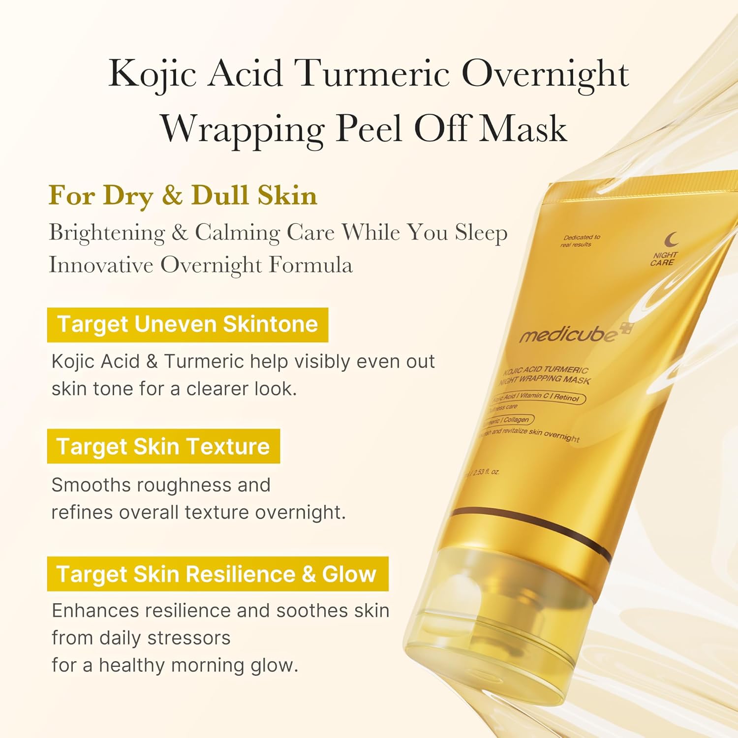Medicube Kojic Acid Turmeric Overnight Wrapping Peel Off Mask (75ml / 2.53 fl. oz.) | K-Beauty Brightening Glass Glow Sleeping Mask